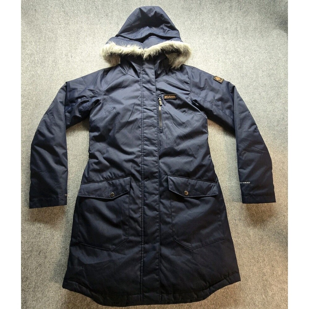 Columbia Omni-Heat Women's Small Navy Long Parka Faux Fur Hood Winter Coat